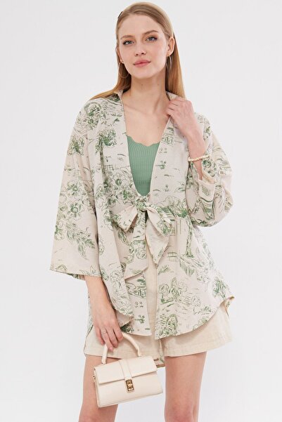 armonika Cămașă kimono din in verde cu model - cravată în față, ARM-24Y001079
