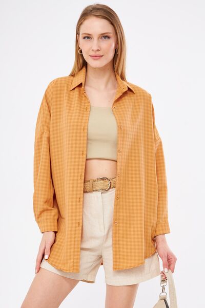 armonika Ženska camel karirana oversize duga basic košulja ARM-22Y001187