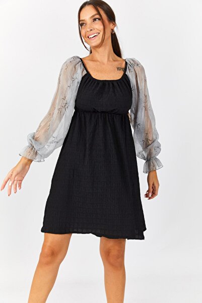 armonika Women's Black Wrap Dress with Tulle Sleeves, Collar and Elastic Wais...