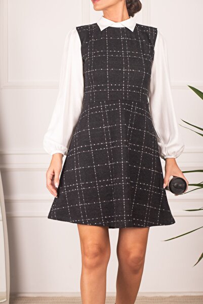 armonika Дамска черно-бяла карирана рокля с дълги ръкави и разкроена рокля AR...