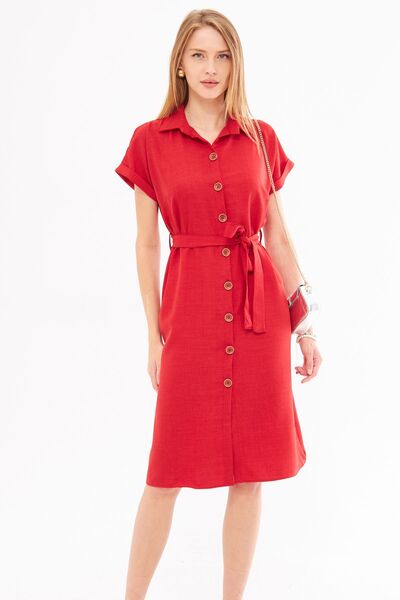 armonika Червена ленена рокля с риза с къс ръкав и колан - ARM-24Y001084