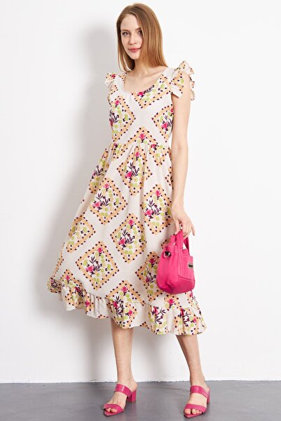 armonika Ružičasta dugačka ženska haljina sa naboranim rukavima i patentnim z...