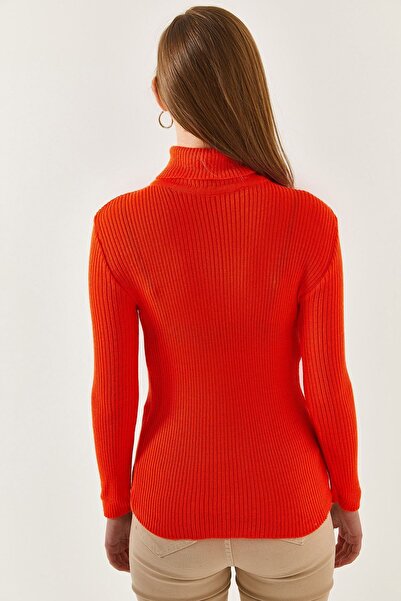 armonika Women's Neon Orange Corded Neck Knitwear Sweater Arm-22K069002