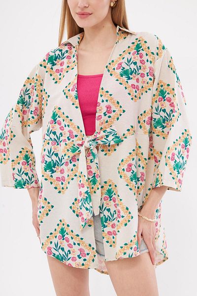armonika Cămașă kimono din in verde închis cu model - cravată în față, ARM-24Y001079