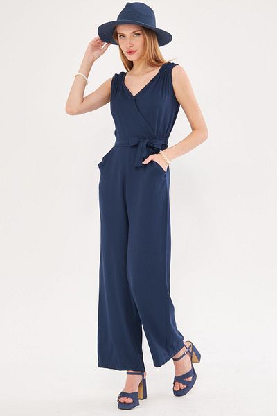 armonika Navy Blue Double Breasted Collar and Shoulder Detailed V Belted Long Women's Jumpsuit - ARM-24Y001049