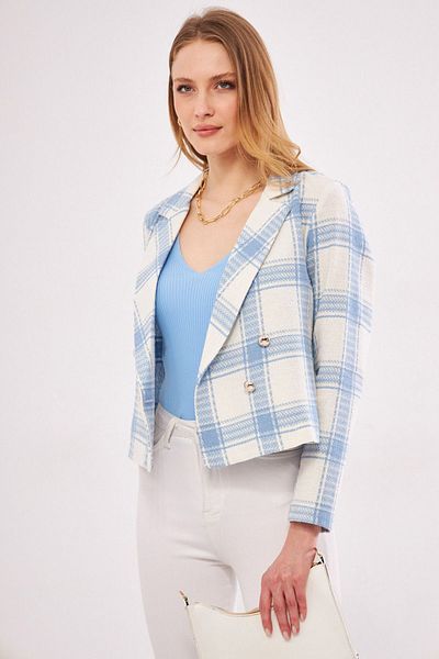 armonika Women's Blue White Double Breasted Collar Tweed Crop Jacket ARM-24K001014