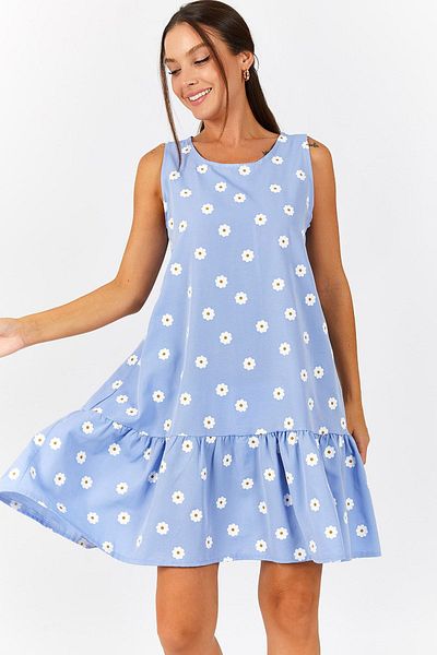 armonika Women's Baby Blue Daisy Pattern Sleeveless Skirt Ruffle Dress ARM-22Y001123