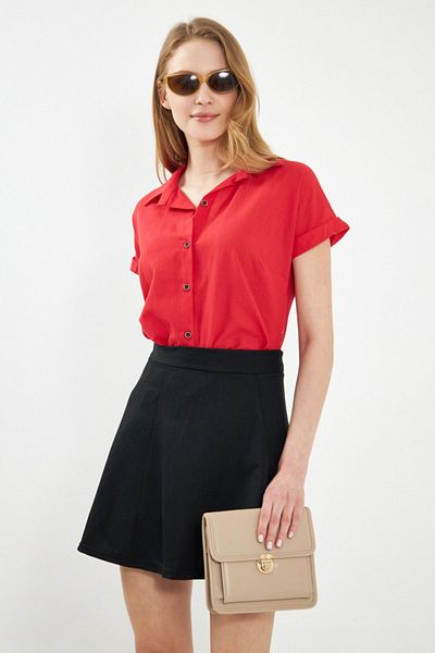 armonika Women's Red Short Sleeve Linen Shirt ARM-24Y001038