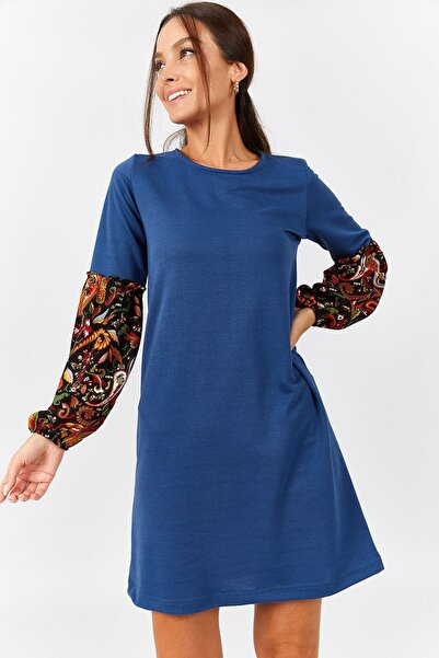 armonika Дамска тъмносиня цветна балонена рокля с ръкави ARM-19K001215
