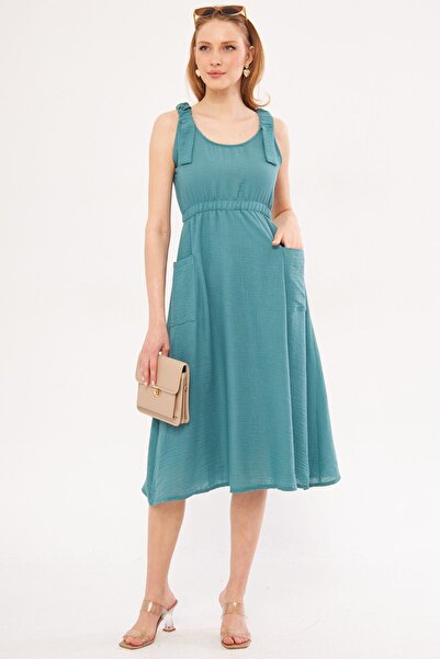 armonika Türkises Dekatria-Kleid für Damen mit elastischer Taille und Trägern und Taschen, Leinenoptik, Midi, Größe ARM-24Y001034