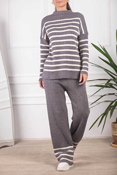 armonika Women's Smoked Stripe Patterned High Collar Knitwear Suit ARM-24K012004