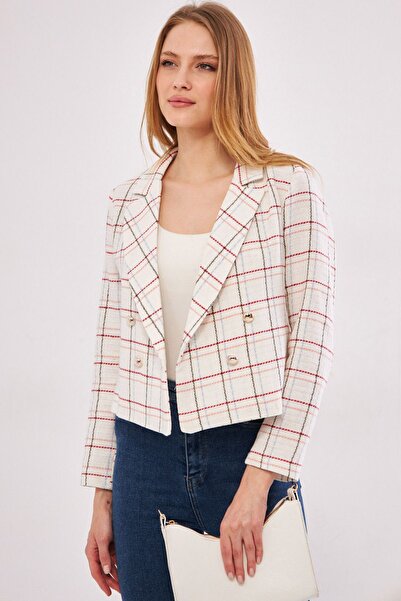 armonika Women's Burgundy-White Double Breasted Collar Tweed Crop Jacket ARM-24K001014