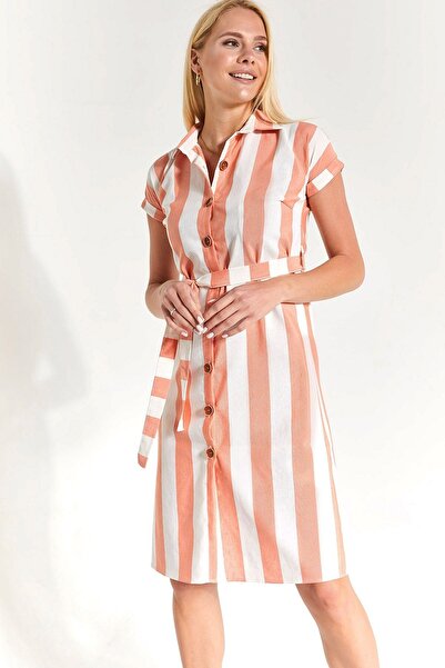 armonika فستان قميص نسائي برتقالي سميك مخطط بخصر قصير وأكمام قصيرة
