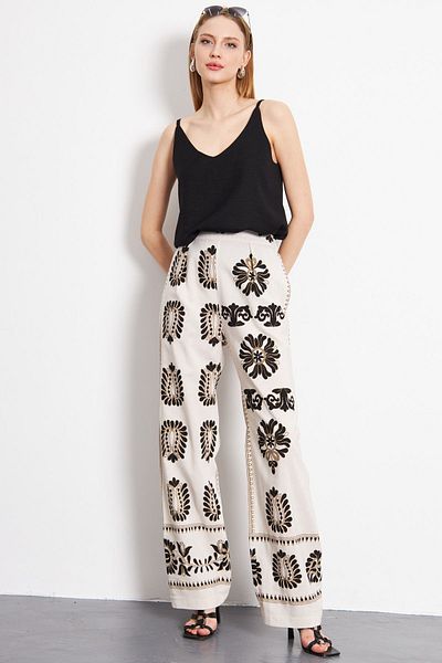 armonika Black Linen Patterned Women's Palazzo Trousers - Pockets, ARM-24Y001069