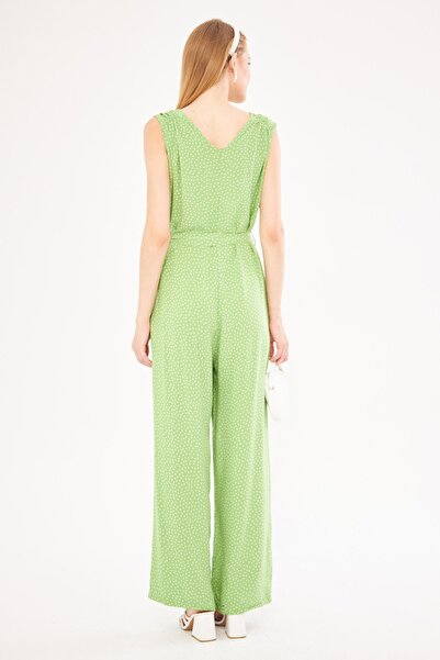 armonika Pistachio Green Double Breasted Jumpsuit - Shoulder Detail, V Belt, Long Cut ARM-24Y001049