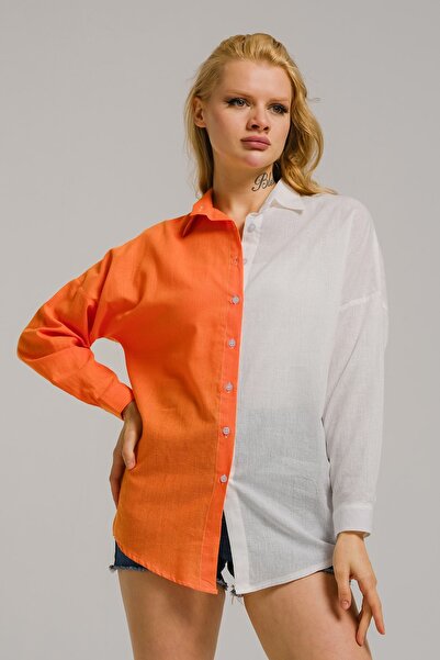 armonika Dámská oranžová oversize dlouhá základní košile ARM-23Y001095