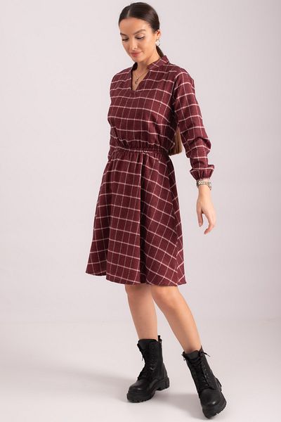 armonika Women's Burgundy V-Neck Elastic Waist Plaid Pattern Flared Dress ARM-24K001041