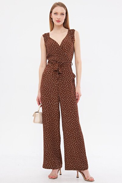 armonika Brown-White Double Breasted Collar and Elastic Shoulder Detailed V B...