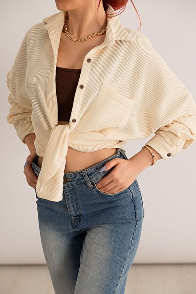 armonika Ženska krem boja Sa džepovima Oversize kroj Somot Duga Osnovni košul...