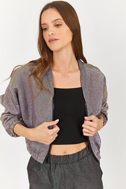 armonika Ženska zlatna bomber jakna sa V-izrezom i elastičnim strukom Arm-23y...