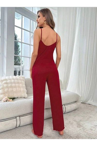 Cesur Viscose Women's Pajama Set - Claret Red Lace Detailed