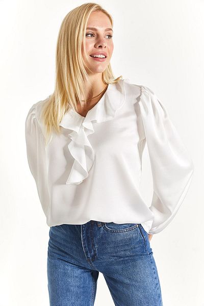 armonika Γυναικείο Λευκό γιακά με Frilled Shoulder Συγκεντρωμένο μανίκι ελαστικό βαμβακερό σατέν μπλούζα μπράτσο-22k001059