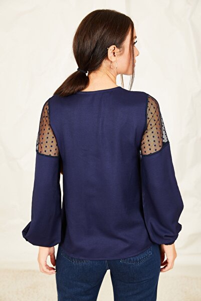 armonika Γυναικεία μπλούζα από τούλι μπαλόνι με μανίκια μπλε Navy ARM-20K001038