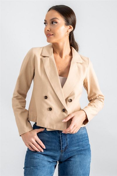 armonika Women's Beige Double Breasted Collar Gabardine Crop Jacket ARM-24Y001010