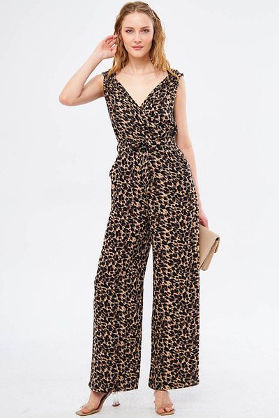 armonika Women's Light Brown Ikosienna Jumpsuit Double Breasted Collar Shoulder Rubber Detailed Back V Belted ARM-24Y001049