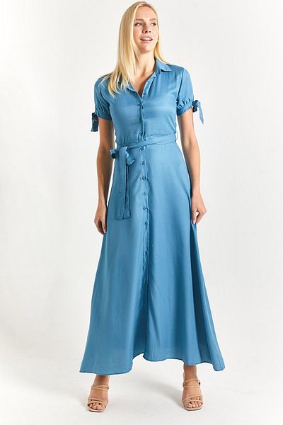 armonika Rochie cămașă pentru femei cu mâneci indigo, cu curea, cu talie legată, braț-23y001004