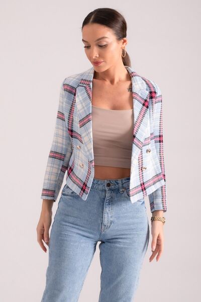 armonika Kadın Mavi-Fuşya Kruvaze Yaka Tüvit Crop Ceket ARM-24K001014