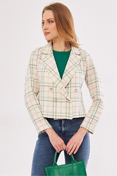 armonika Γυναικείο Πράσινο Διπλό Μπουφάν Tweed Crop γιακά ARM-24K001014