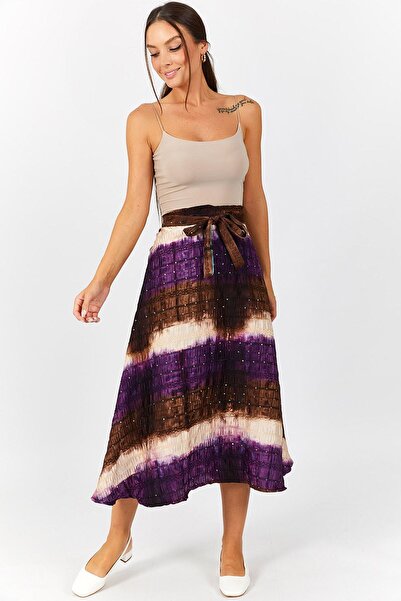 armonika Kadın Mor Batik Desenli Pullu Beli Bağlamalı Etek Arm-22Y001124