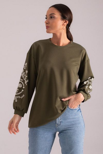 armonika Women's Khaki Round Neck Sleeve Embossed Tunic ARM-21K024033