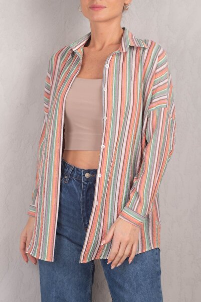 armonika Ženska svetlo roza prugasta široka osnovna košulja ARM-24K001061