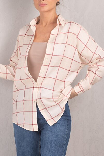 armonika Dámská krémová dlouhá základní košile se čtvercovým vzorem ARM-22Y001144