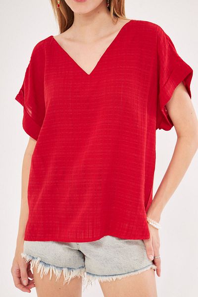 armonika Red V-Neck Slit Long Double Sleeve Oversize Blouse - ARM-24Y001074