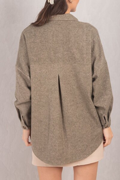 armonika Women's Dark Khaki Oversize Stitched Pocket Shirt ARM-22Y001156