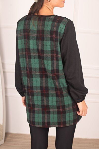 armonika Dámská khaki mikina s kostkovaným vzorem na zádech ARM-21K024045