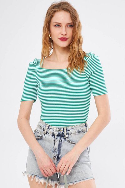 armonika Bluză cu dungi pentru femei, verde, față, spate, cu gât pătrat, cu mânecă pepene verde ARM-24Y133009