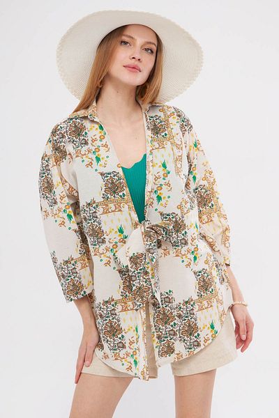 armonika Linen Look Brown Patterned Kimono Shirt - Front Tie ARM-24Y001079