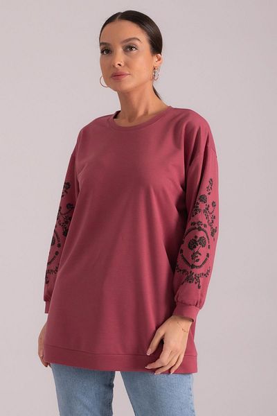 armonika Women's Dusty Rose Round Neck Sleeve Embossed Tunic ARM-21K024033