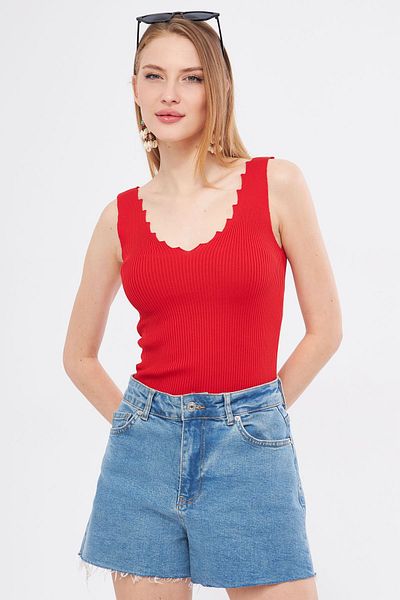 armonika Red V-Neck Zigzag Camisole Women's Blouse - ARM-23Y069004