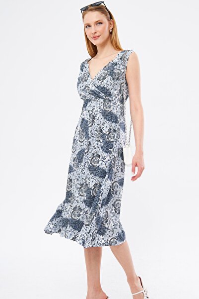 armonika Γυναικείο φόρεμα με γκρι μοτίβο μέσης και ώμου ελαστικό γιακά με διπ...