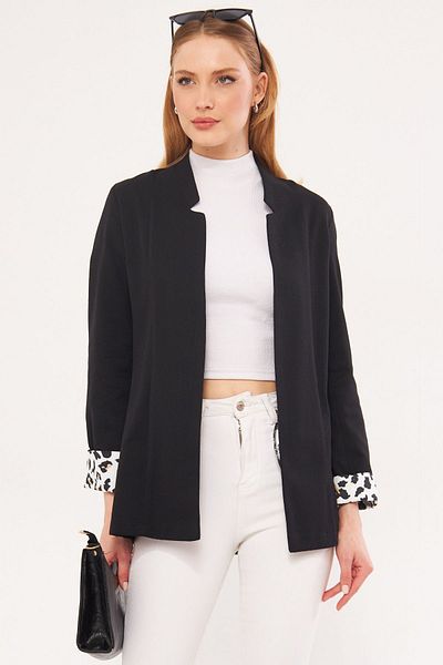 armonika Women's Black Ikosiena Jacket Stand Collar Sleeve Leopard Pattern ARM-24Y001044