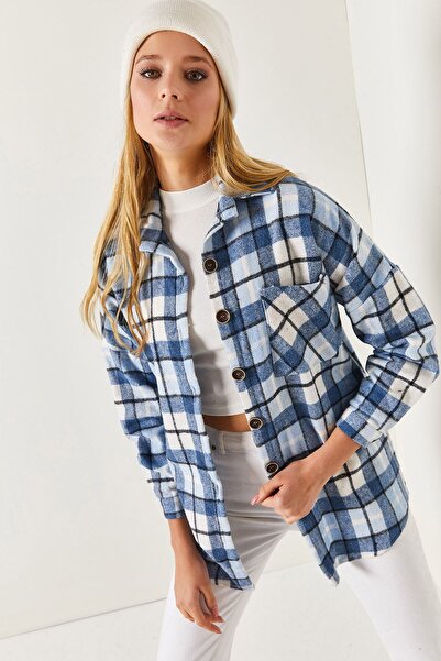 armonika Women's Blue Plaid Pattern Oversize Pocket Shirt Arm-22y001199