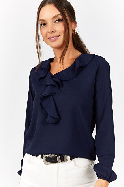 armonika Kadın Lacivert Yakası Fırfırlı Bluz Arm-22Y001150