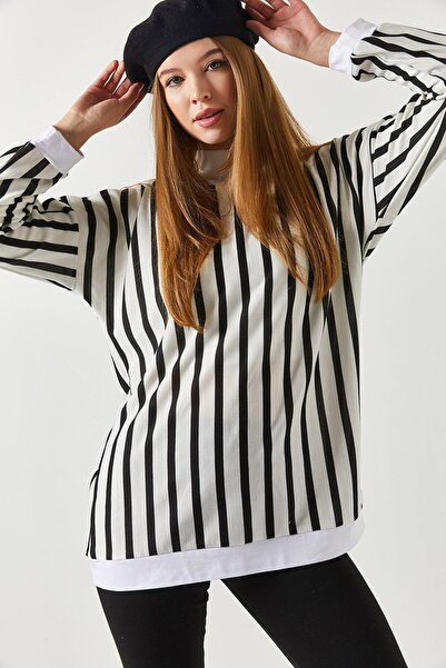 armonika Hanorac supradimensionat cu guler rotund cu dungi negre pentru femei...