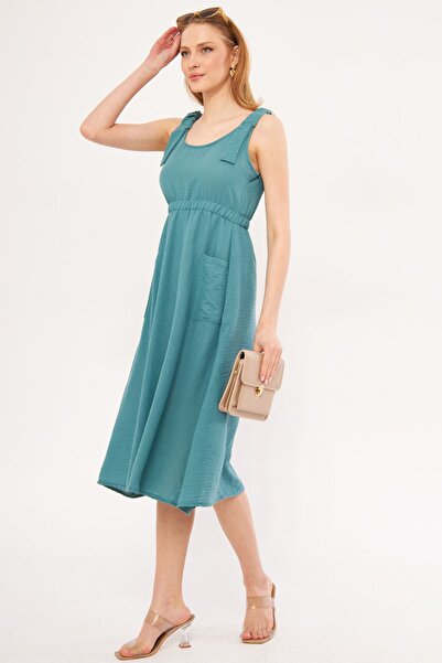 armonika Türkises Dekatria-Kleid für Damen mit elastischer Taille und Trägern und Taschen, Leinenoptik, Midi, Größe ARM-24Y001034