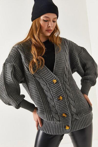 armonika Women's Smoked Hair Braid Detail Buttoned Cardigan Arm-22Y012028